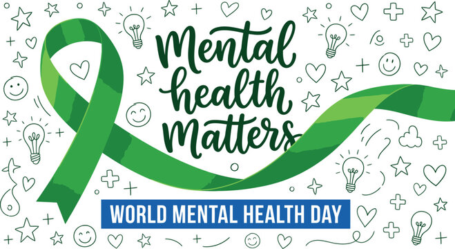 World mental health day awareness 'mental health matters' illustration with ribbon and positive symbols