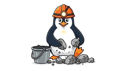 Obraz premium Cartoon miner with helmet and tools sitting on rock.