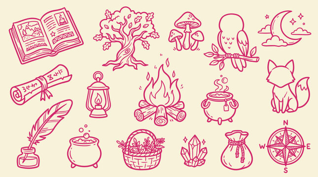 Collection of whimsical hand-drawn magical and fantasy elements, perfect for enchanting designs.
