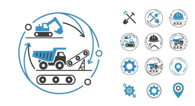 Construction industry process workflow icons set.