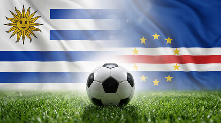 Naklejka premium Soccer Diplomacy: A soccer ball rests on a lush green field, superimposed with the flags of Uruguay and Cabo Verde, symbolizing the sport's power to unite nations and foster international relations