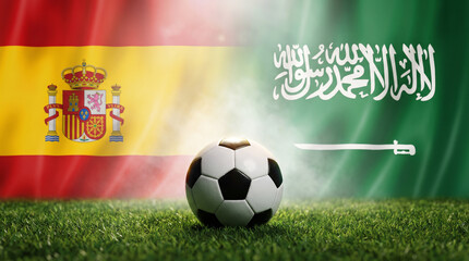 Naklejka premium Spain vs. Saudi Arabia Football Matchup: A classic soccer ball rests on a grassy field, flanked by the national flags of Spain and Saudi Arabia.