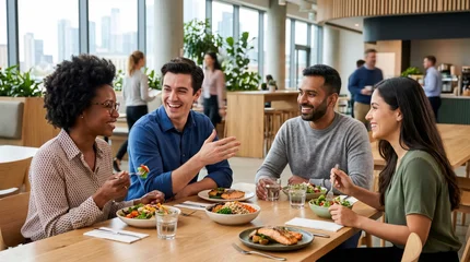Diverse group of colleagues enjoying a healthy lunch break together in a modern office © Rajesh