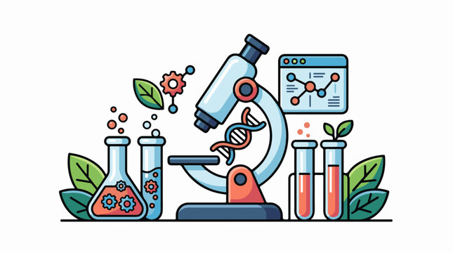 A colorful cartoon illustration of a microscope with a DNA model and various laboratory equipment