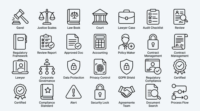 Legal and compliance icons set featuring gavel justice scales law book court lawyer case audit checklist review report and data protection security symbols set.