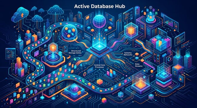 Data ecosystem flow with central core processor and interconnected storage nodes, high-tech conceptual visualization