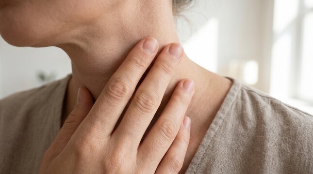 Close-up of a woman touching her neck and throat feeling pain and discomfort