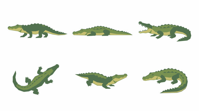Six green cartoon crocodiles and alligators in various poses on a white background, showcasing different angles and actions of the reptiles.