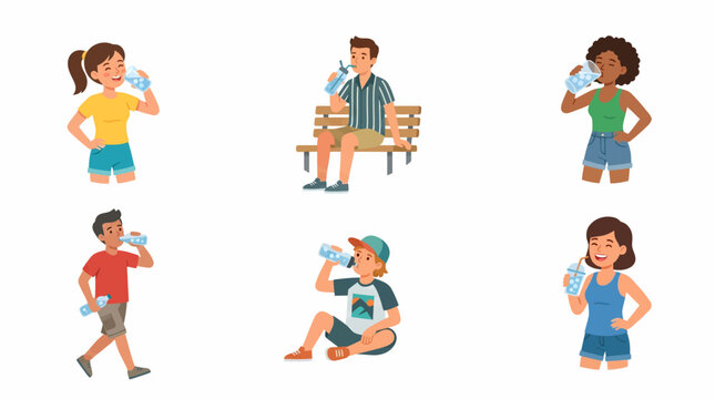 Six diverse people, including children and adults, staying hydrated by drinking water from plastic bottles in various settings.
