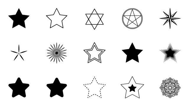 Stars in Various Shapes and Styles Arranged in a 4x4 Grid Featuring Star, Design, Illustration with Vector and Symbol Elements