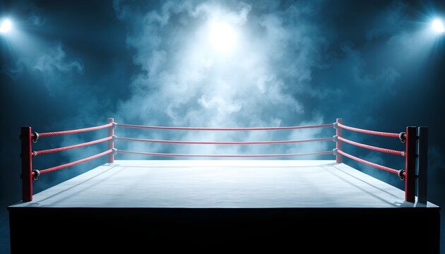 A dramatic boxing ring scene unfolds under bright spotlights with smoke.