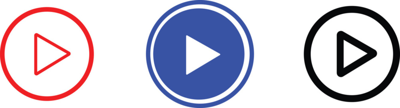 Three circular play button in red, blue, and black colors, featuring a triangle symbol for media playback on a white background