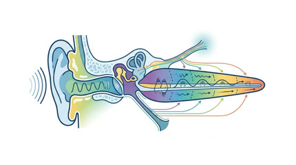 Detailed illustration of the human ear anatomy and sound wave transmission. © randa