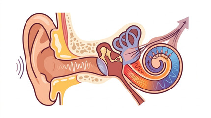 Detailed illustration of the human ear anatomy and auditory system. © randa