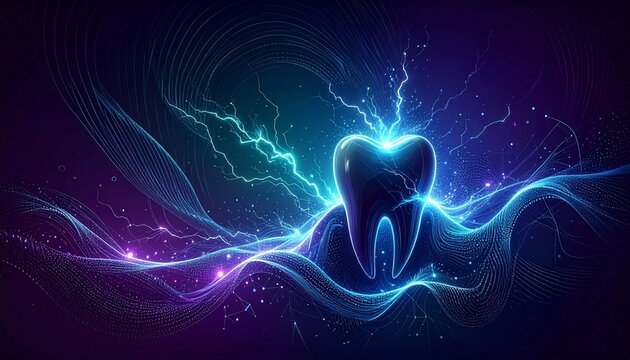 Glowing stylized tooth surrounded by electric waves in blue, purple, and green, symbolizing precision, innovation, and accuracy in financial analysis and economic technology.