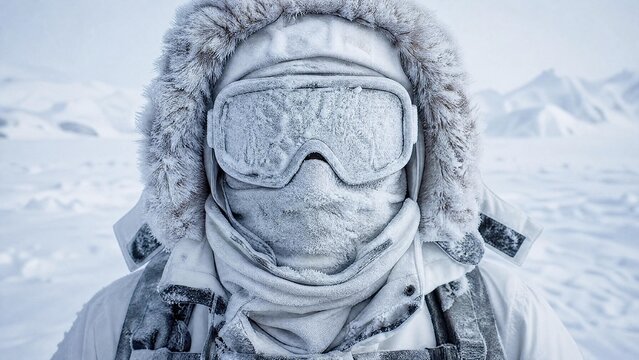 Arctic Explorer Portrait Covered in Frost and Ice During Extreme Winter Expedition