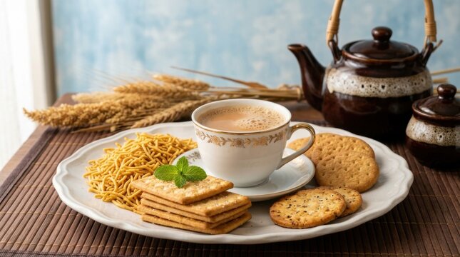 Traditional Indian Breakfast Setting with Hot Milk Tea in a Porcelain Cup, Assorted Biscuits, Crunchy Sev Snacks, and a Rustic Teapot on a Wooden Table