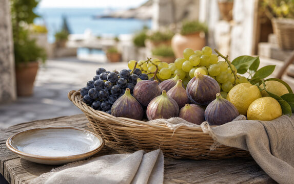Seasonal fruit basket at a quiet coastal market