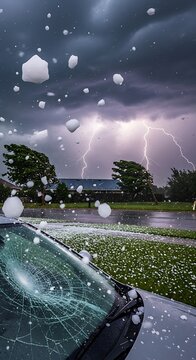 Intense Thunderstorm Over Landscape with Lightning and Rain.
