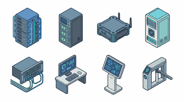 Isometric vector icons of computer hardware and servers.