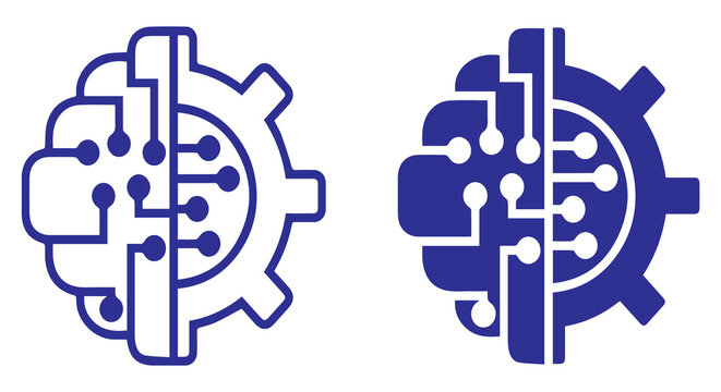 Brain and Gear Integration Icon Set Representing Artificial Intelligence Machine Learning and Technology Automation Concept in Line and Solid Style
