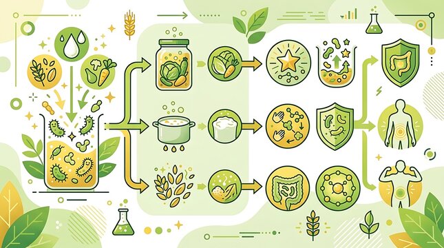 Gut health and food fermentation process infographic with probiotics