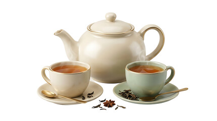 Fototapeta premium Tea Time: Teapot and Two Cups of Hot Beverage with Loose Leaf Tea and Star Anise