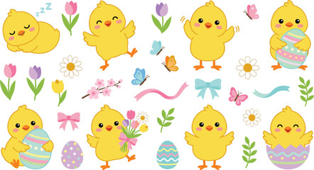 Fototapeta premium Cute Easter Chick Vector Collection with Kawaii Cartoon Yellow Baby Birds, Patterned Eggs, Spring Flowers, Butterflies, and Festive Holiday Bow Elements