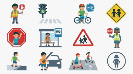 Fototapeta premium Children Crossing Street with Traffic Signs.