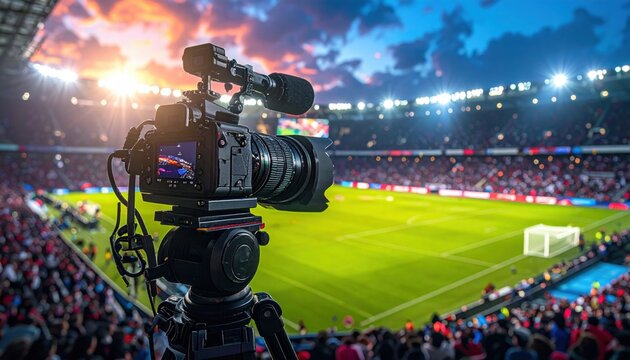 Professional broadcast camera positioned to capture live sports action at a stadium during sunset
