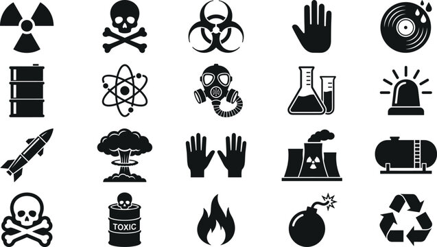 Hazardous material warning and biohazard toxic solid icon set for chemical radiation warning and nuclear safety