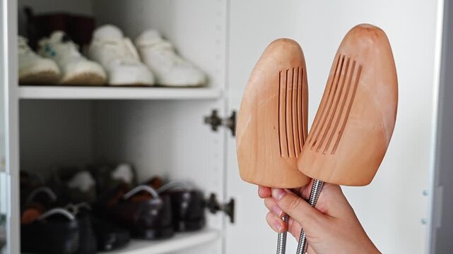 Hand holding a pair of wooden shoe trees in front of a shoe cabinet. Proper footwear maintenance prevents deformation during long term storage.