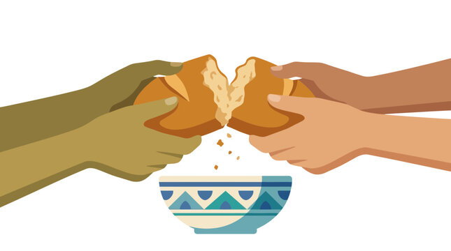 Diverse hands breaking crusty bread loaf over bowl for sharing flat design vector illustration