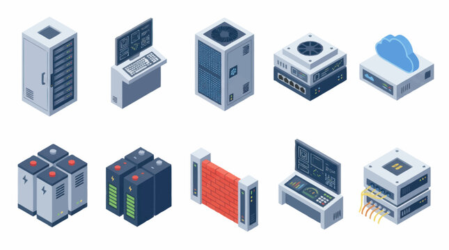 Isometric Technology Server Rack and Cloud Icons Set.