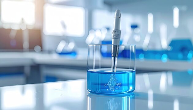 Scientific pH meter probe submerged in blue liquid within a laboratory beaker for precise measurement
