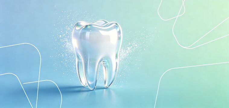 Transparent crystal clean tooth model with glowing particles on soft gradient blue-green background. Ideal for dental clinic web banners, teeth whitening product ads, oral health PPT backgrounds.