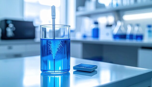 pH meter probe measuring blue liquid in a scientific laboratory setting
