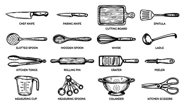 Kitchen Utensils Sketch Collection Black and White Cooking Tools Vector Set