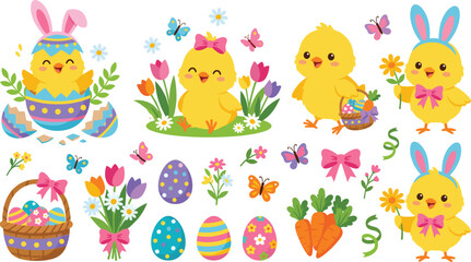 Obraz premium Cute Kawaii Easter Chick Icon Set with Flat Cartoon Baby Chicken, Bunny Ears, Decorated Eggs, Spring Flower Bouquets, and Holiday Celebration Elements