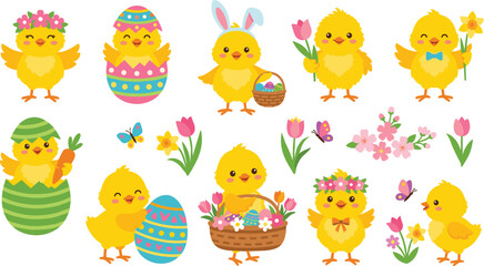 Fototapeta premium Cute Kawaii Easter Chick Vector Set with Flat Cartoon Yellow Baby Birds, Bunny Ears, Easter Egg Shells, Spring Flowers, and Holiday Baskets