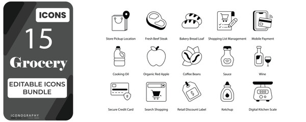 Grocery Shopping & Food Icons Bundle   Editable Supermarket Vector Icon Set © GraphicsBird