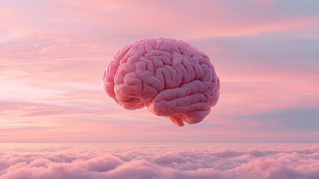 Close-up of a pink human brain model floating above clouds at sunset with a calm sky
