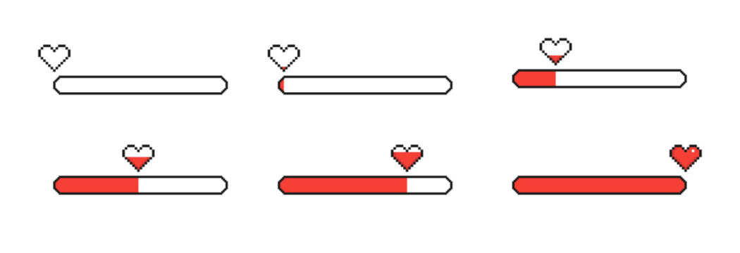 Set of pixel hearts. Pixel game life bar. Vector art 8 bit health heart bar. Gaming controller