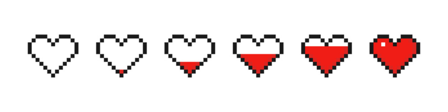 Set of pixel hearts. Pixel game life bar. Vector art 8 bit health heart bar. Gaming controller