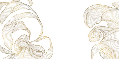 Fototapeta premium Elegant gold line pattern with abstract waves, delicate floral leaves on white. Luxury vector background illustration, Japanese ornament, art deco style, wedding card, wine label, premium packaging
