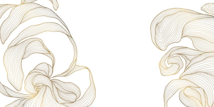 Elegant gold line pattern with abstract waves, delicate floral leaves on white. Luxury vector background illustration, Japanese ornament, art deco style, wedding card, wine label, premium packaging