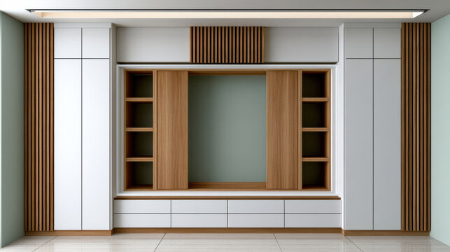 Modern white wood built in cabinet with open shelves, vertical slats, and minimalist design for living room storage and display