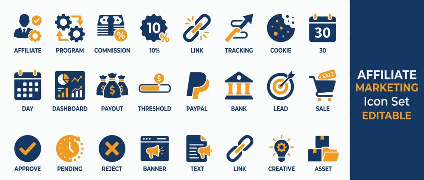 Affiliate marketing icon set for digital business and sales tracking