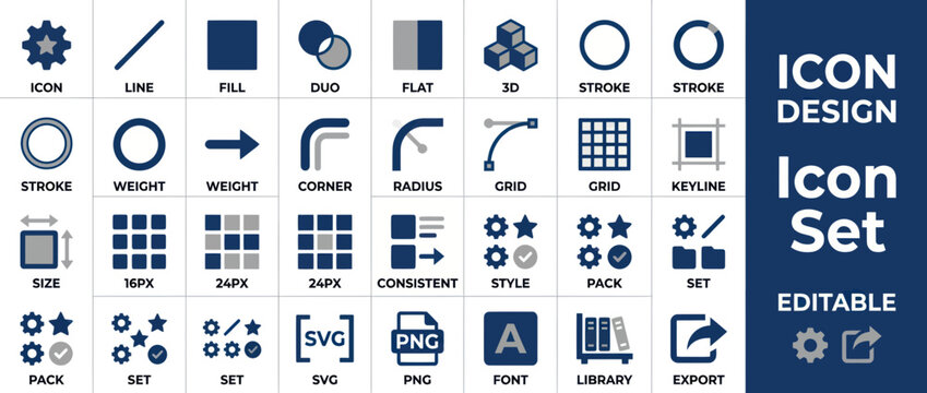 Icon design set with technical guidelines and graphic tools