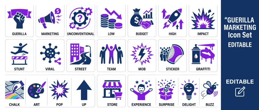 Guerilla marketing icon set for unconventional brand promotion
